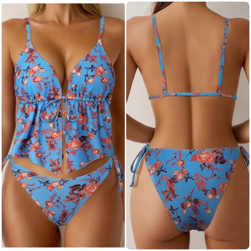 Blue Orange Floral Tie Front Bikini Set - Picture 1 of 8